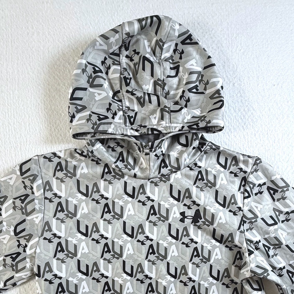 Under Armour Hoodie Kids Large YLG Monogram Logo Print Pullover Gray Black‎